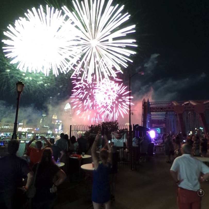 crowd with fireworks in background and Purple People Bridge silhouetted, Cincinnati in far distance